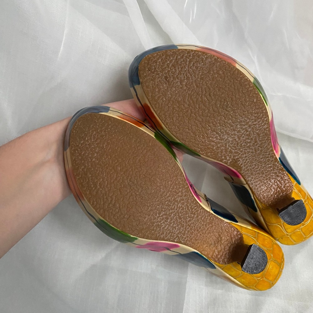 Y2K Wanted Bahama Yellow Colorblock Kitten Heel Slide Sandals 5 Artsy Resort 90s - Picture 5 of 7